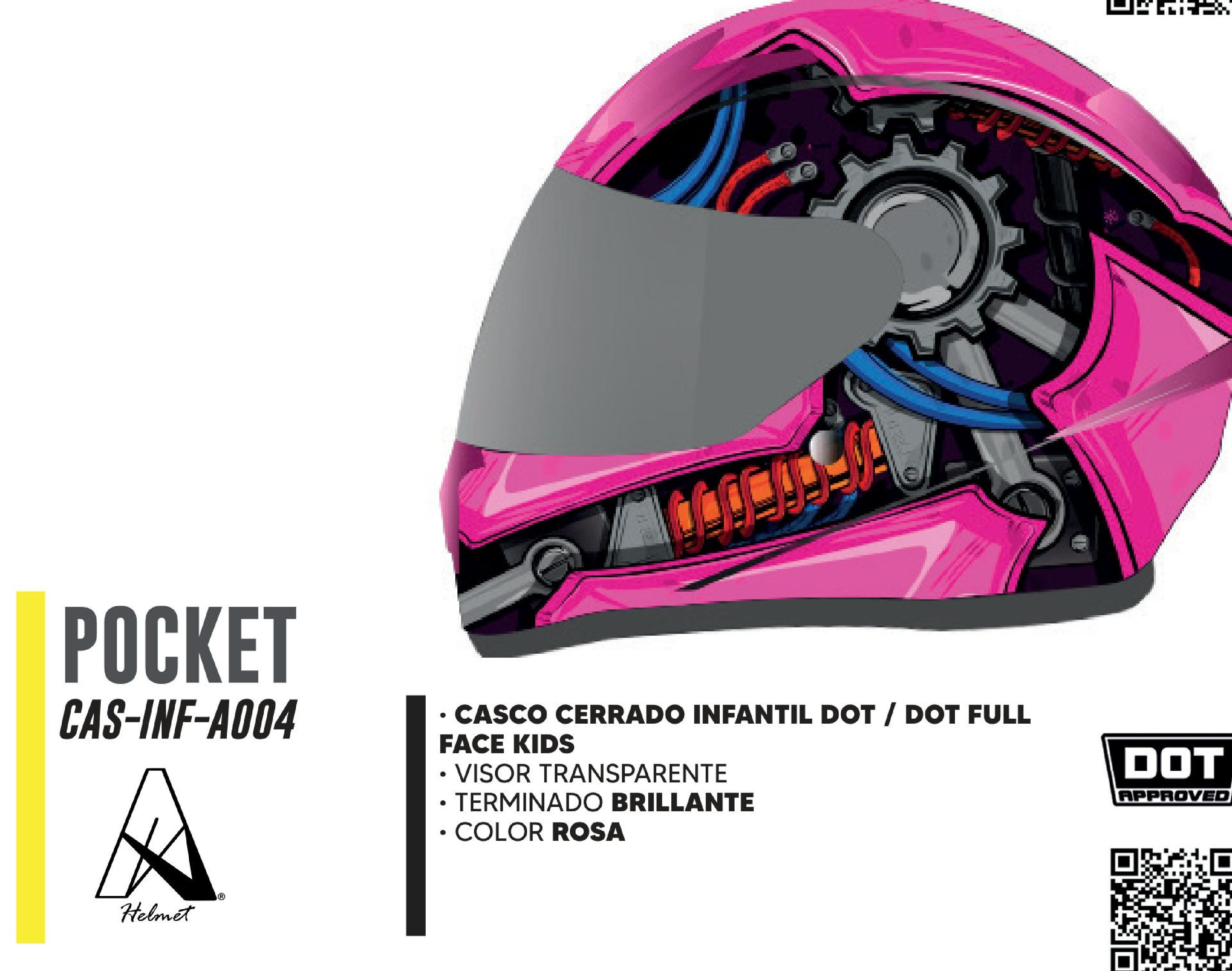 CASCO PARA MOTOCICLISTA INFANTIL CERRADO POCKET ROSA A-HELMET® CERTIFICADO DOT / CAS-INF-A004-L