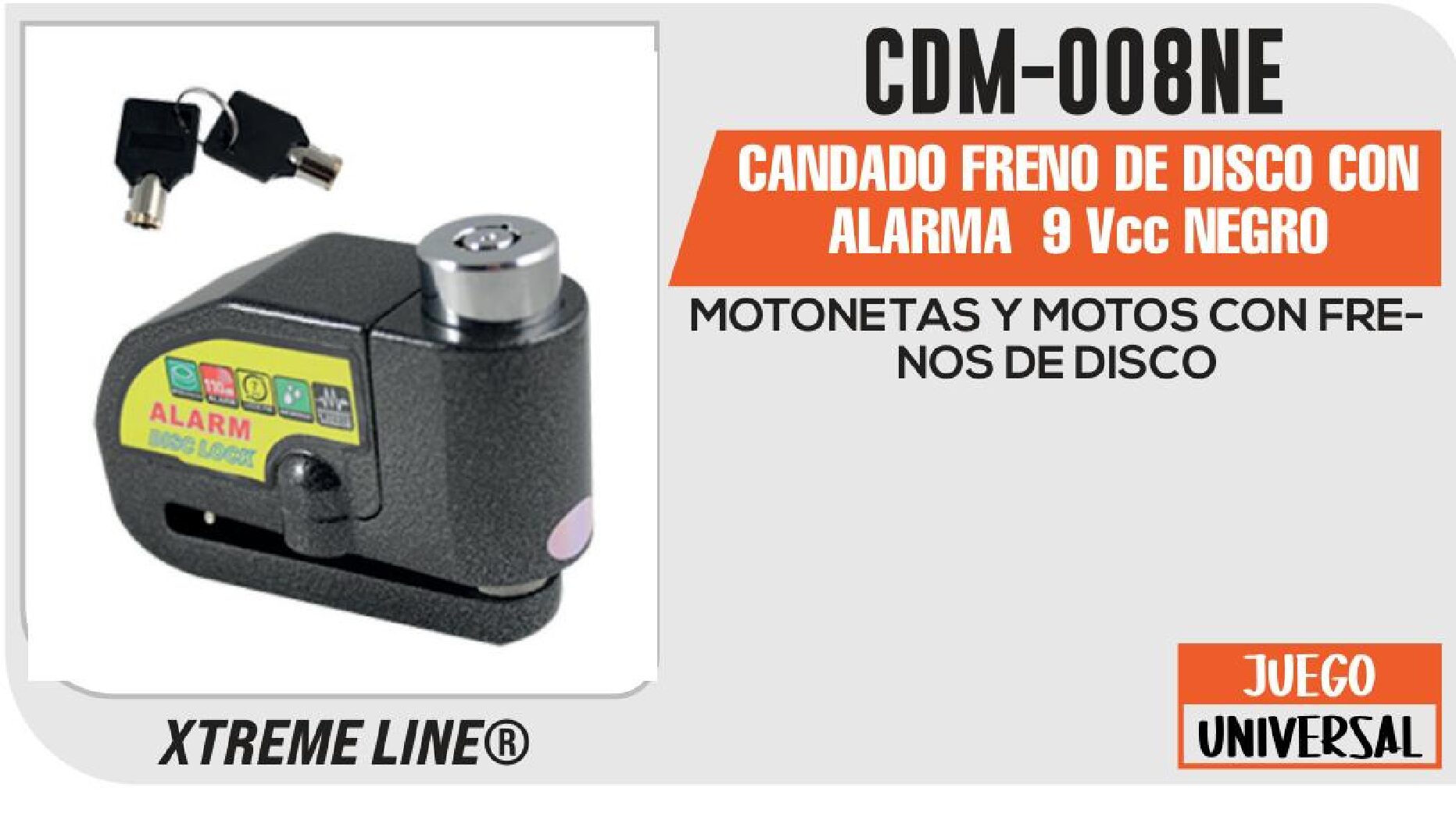 CANDADO FRENO DE DISCO CON ALARMA 9Vcc NEGRO / CDM-008NE