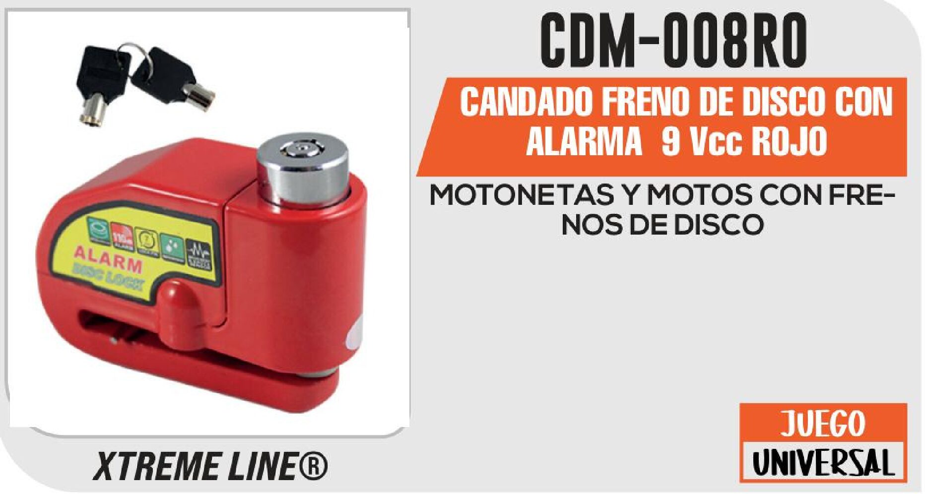 CANDADO FRENO DE DISCO CON ALARMA 9Vcc ROJO CDM-008RO