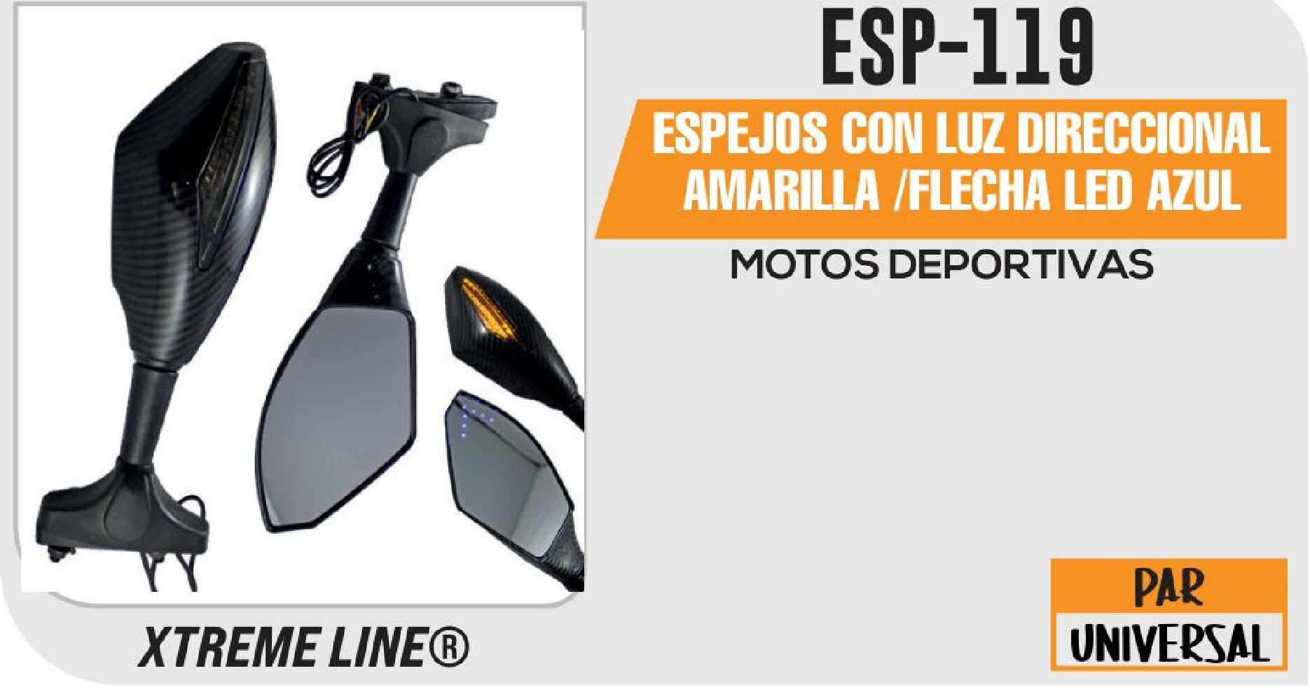 REGALO - ESPEJOS CON LUZ DIRECCIONAL 12 VCC AMARILLA /FLECHA LED AZUL ENTRADA AJUSTABLE 28-65 MM FIBER CARBON PATTER / ESP-119