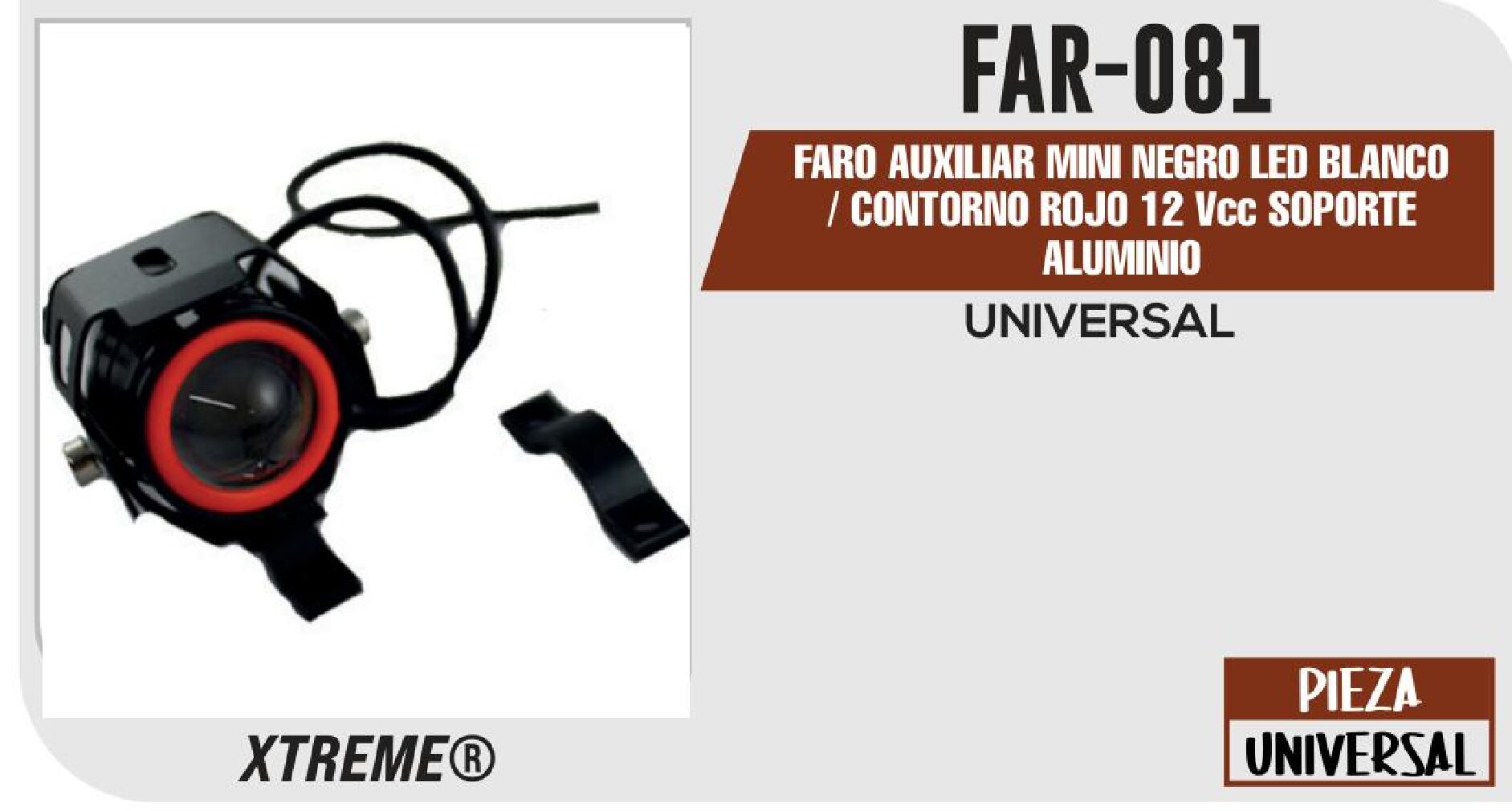 FARO AUXILIAR MINI NEGRO LED BLANCO / CONTORNO ROJO 12 Vcc SOPORTE ALUMINIO / FAR-081