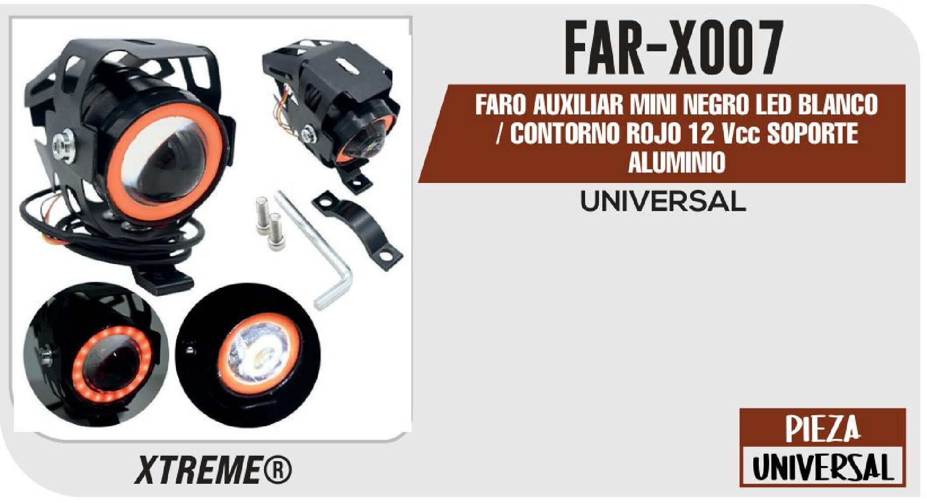 SHOP - FARO AUXILIAR MINI NEGRO LED BLANCO / CONTORNO ROJO 12 VCC SOPORTE ALUMINIO / FAR-X007