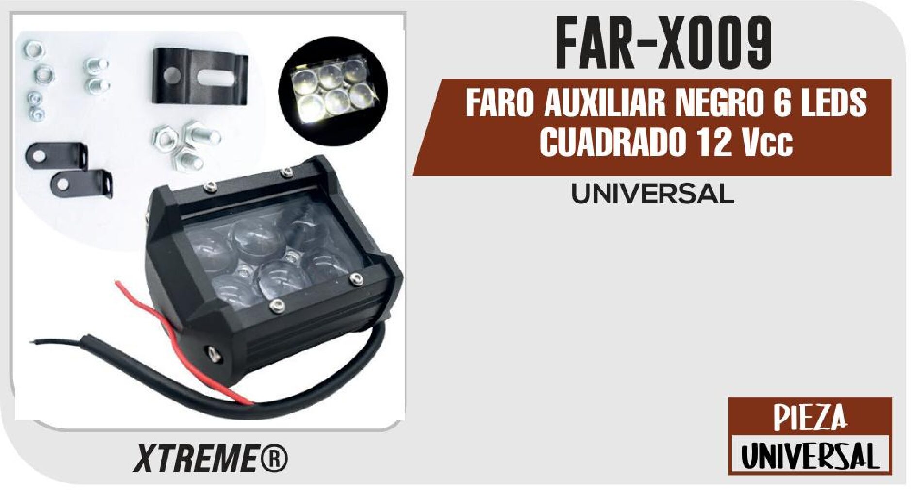 FARO AUXILIAR NEGRO 6 LEDS CUADRADO 12 VCC / FAR-X009
