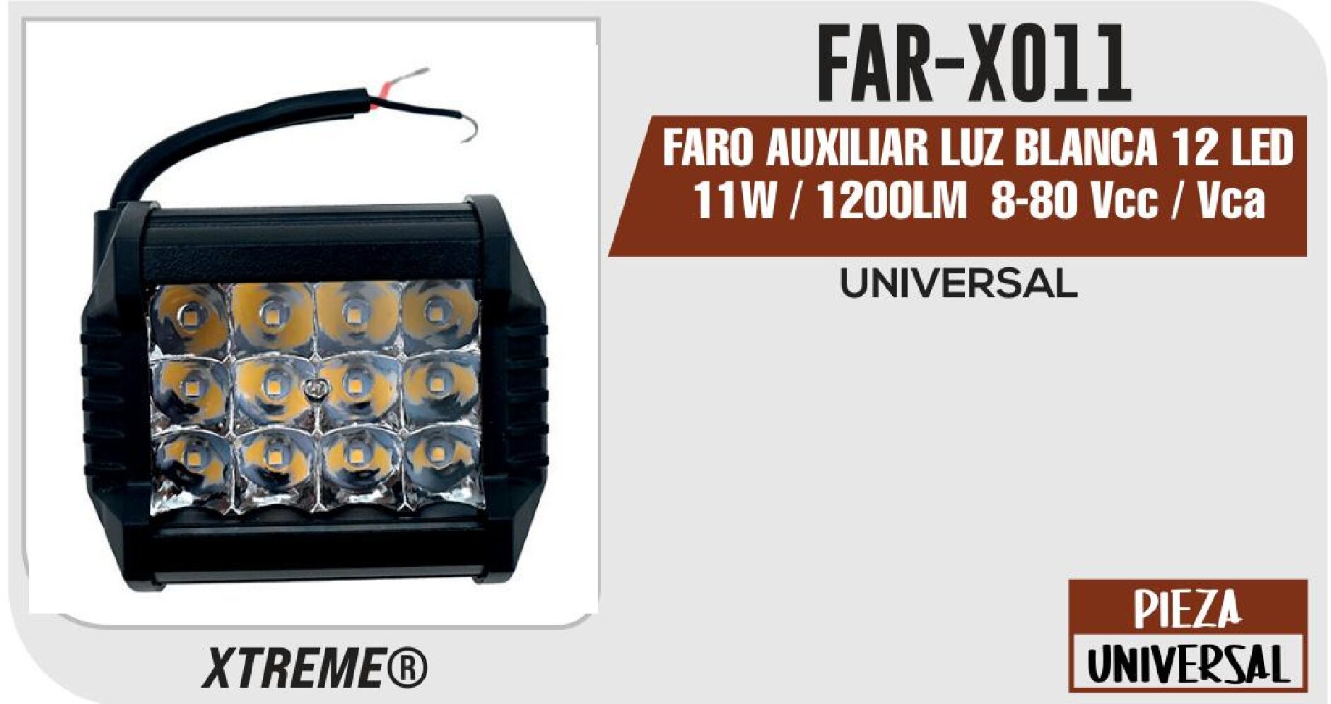 FARO AUXILIAR LUZ BLANCA 12 LED 11W / 1200LM 8-80 VCC / VCA / FAR-X011