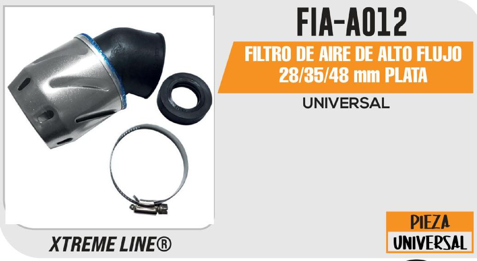 FIA-A012 FILTRO DE AIRE DE ALTO FLUJO 28/35/48 MM PLATA / FIA-A012