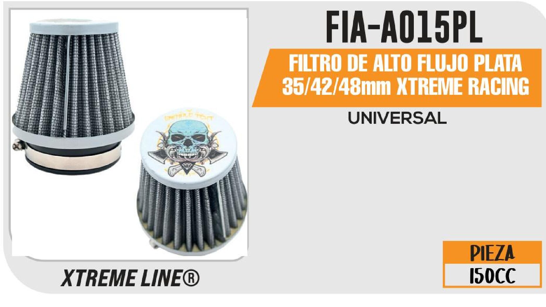 FILTRO DE ALTO FLUJO PLATA 35/42/48mm XTREME RACING / FIA-A015PL