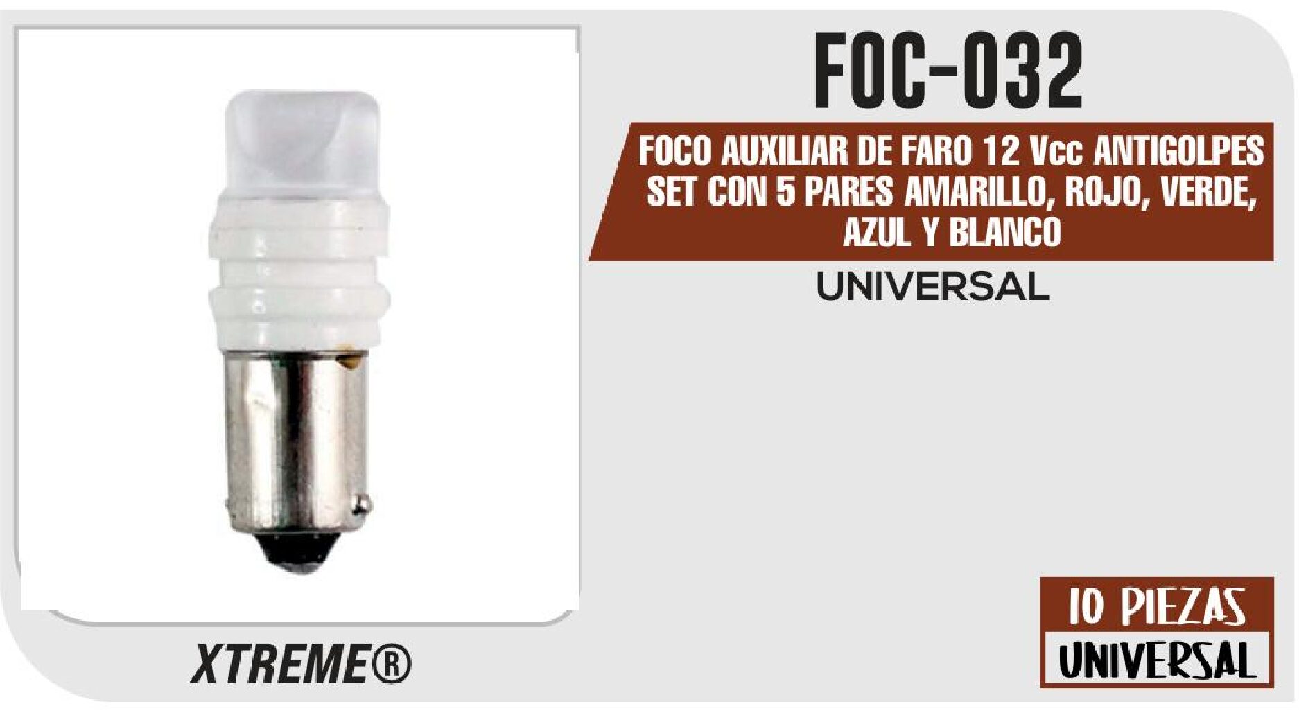 "FOCO AUXILIAR DE FARO 12 VCC ANTIGOLPES SET CON 5 PARES AMARILLO, ROJO, VERDE, AZUL Y BLANCO" / FOC-032