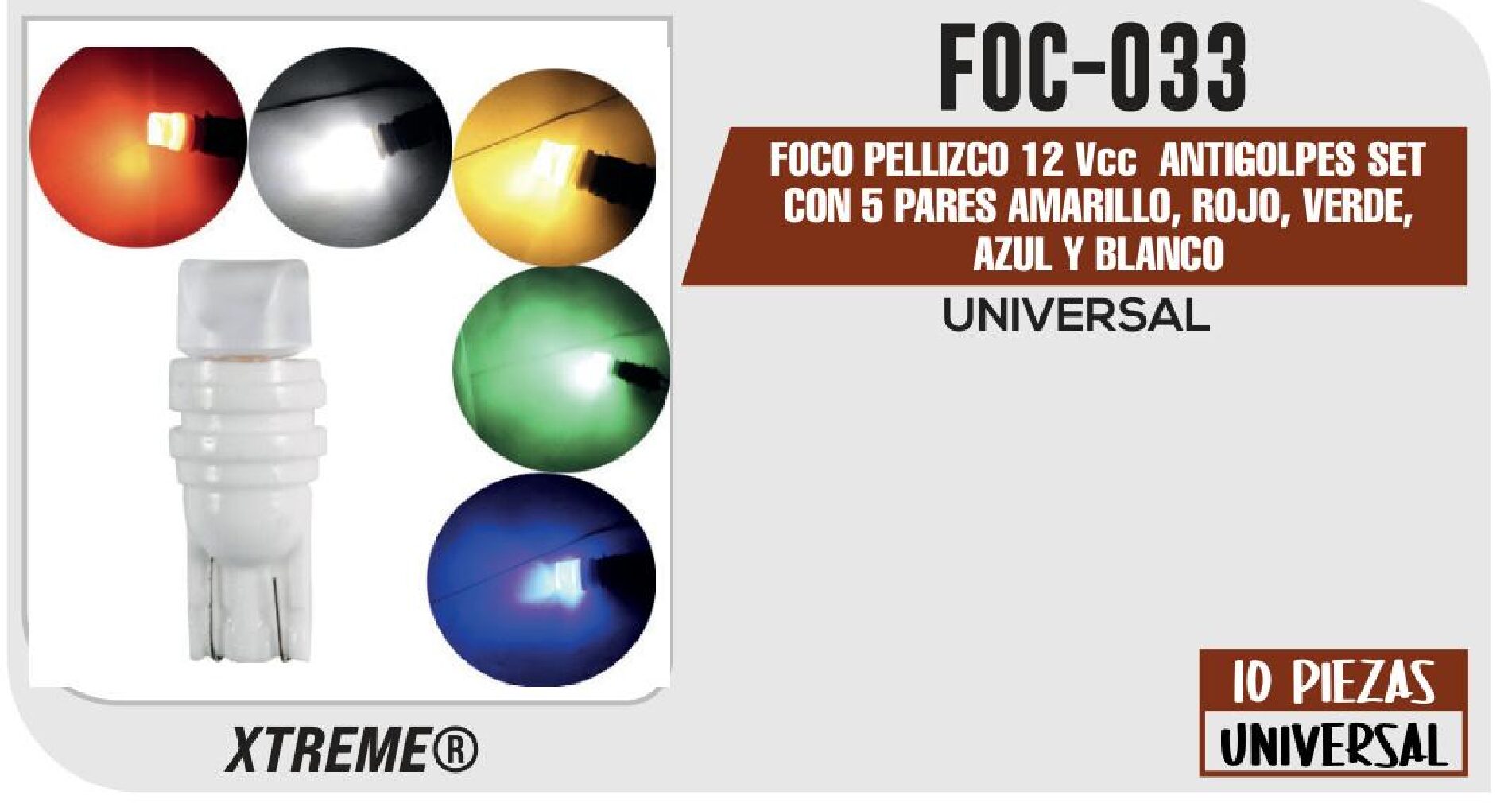 "FOCO PELLIZCO 12 VCC ANTIGOLPES SET CON 5 PARES AMARILLO, ROJO, VERDE, AZUL Y BLANCO" / FOC-033