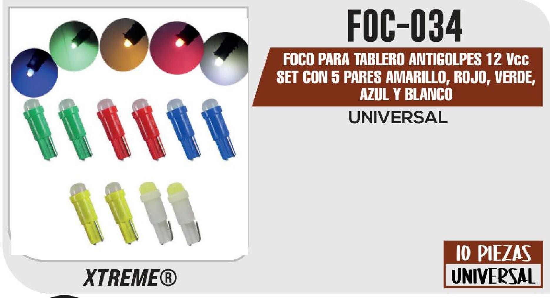 FOCO PARA TABLERO ANTIGOLPES 12 Vcc SET CON 5 PARES AMARILLO, ROJO, VERDE, AZUL Y BLANCO / FOC-034