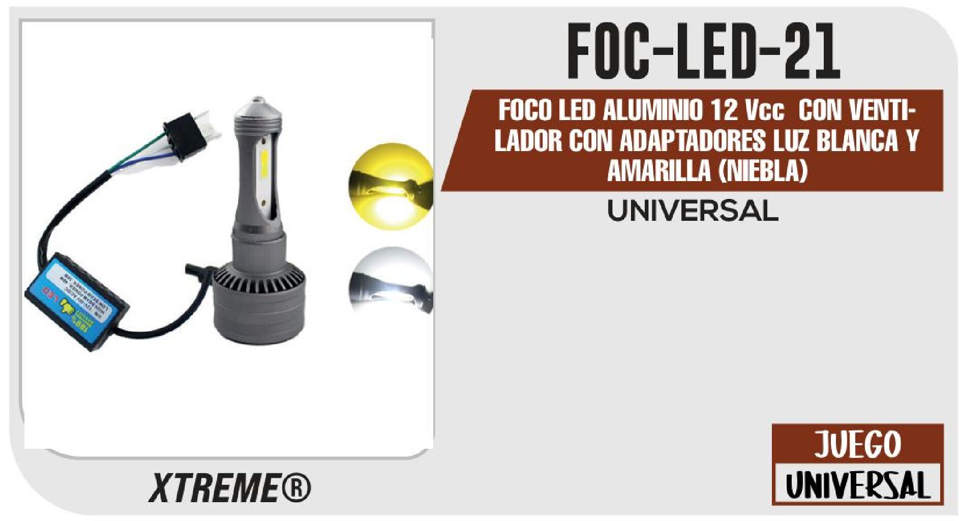 FOCO LED ALUMINIO 12 VCC CON VENTILADOR CON ADAPTADORES LUZ BLANCA Y AMARILLA (NIEBLA) / FOC-LED-21