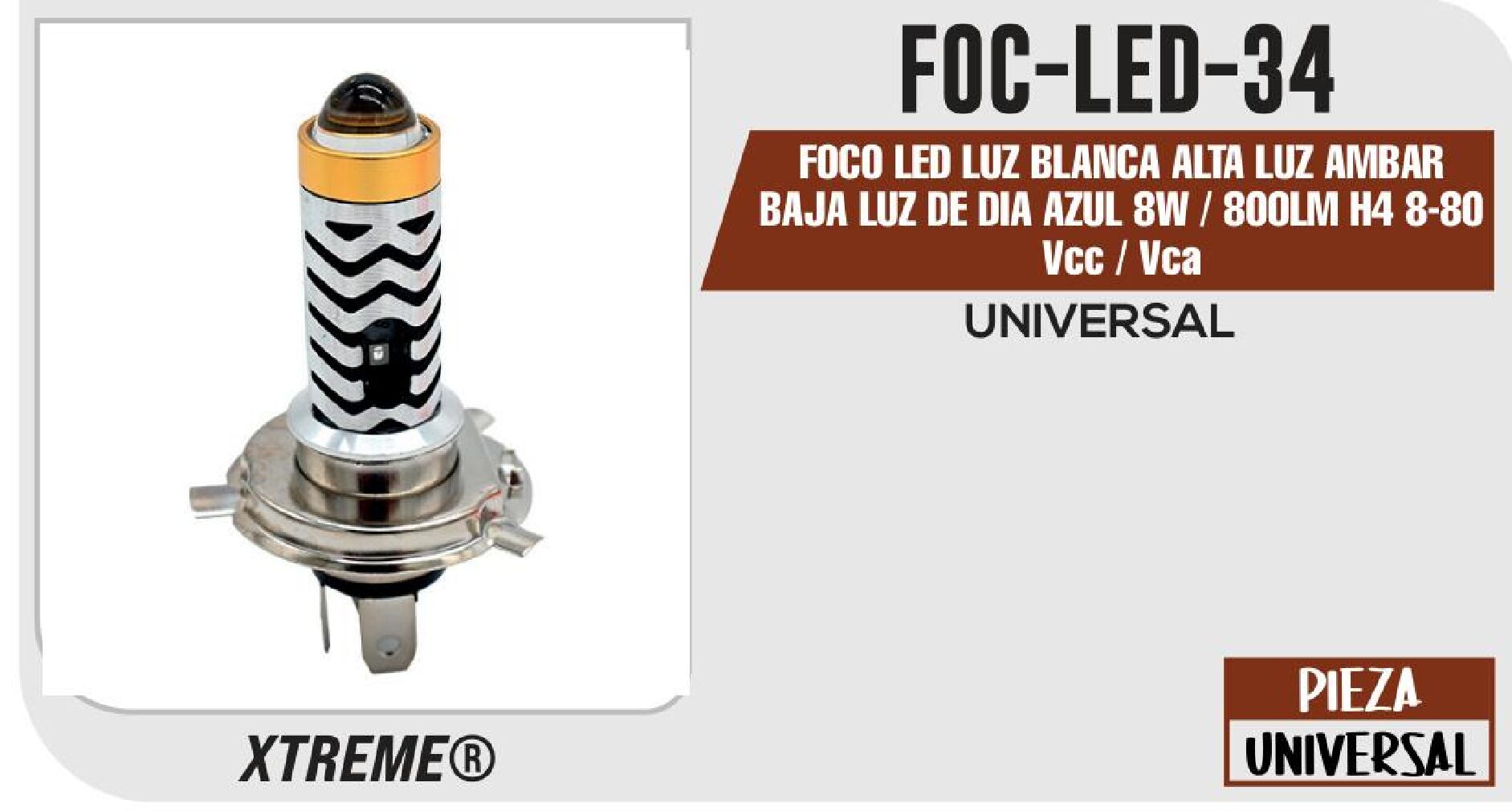 FOCO LED LUZ BLANCA ALTA LUZ AMBAR BAJA LUZ DE DIA AZUL 8W / 800LM H4 8-80 Vcc / Vca / FOC-LED-34