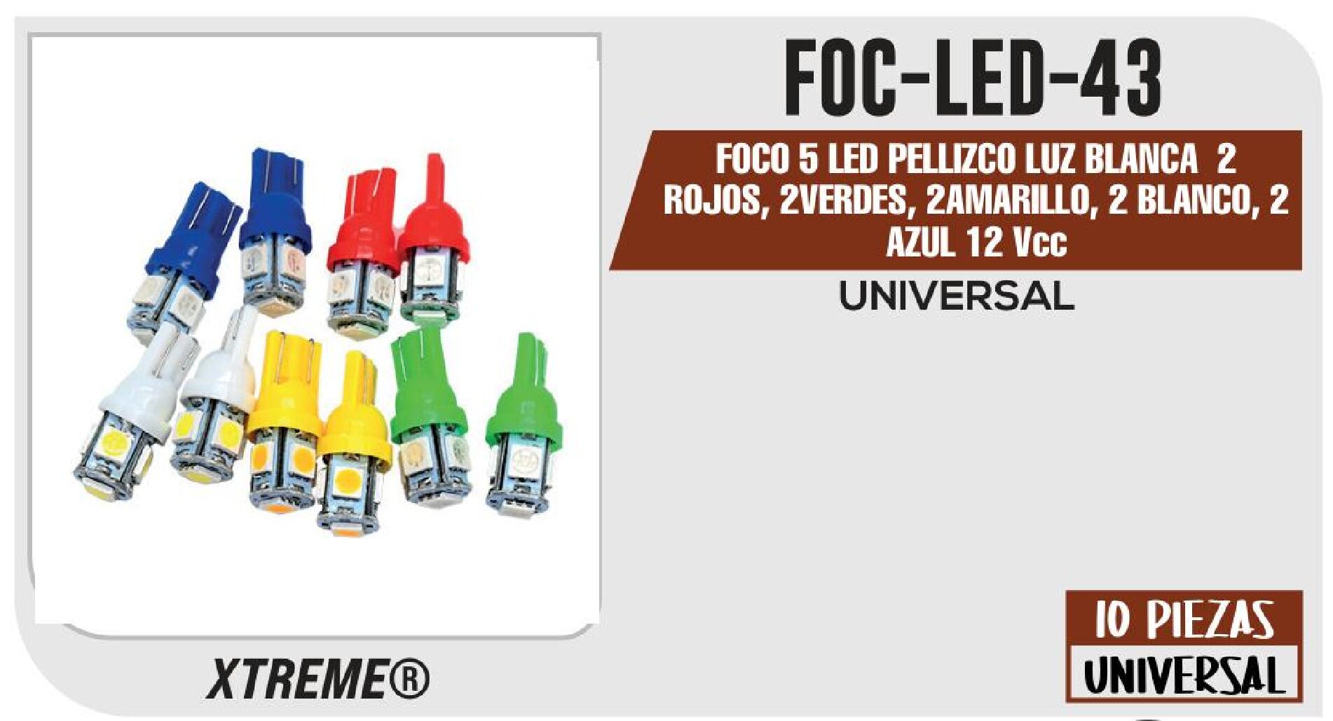 "FOCO 5 LED PELLIZCO LUZ BLANCA 2 ROJOS, 2VERDES, 2AMARILLO, 2 BLANCO, 2 AZUL 12 VCC" / FOC-LED-43