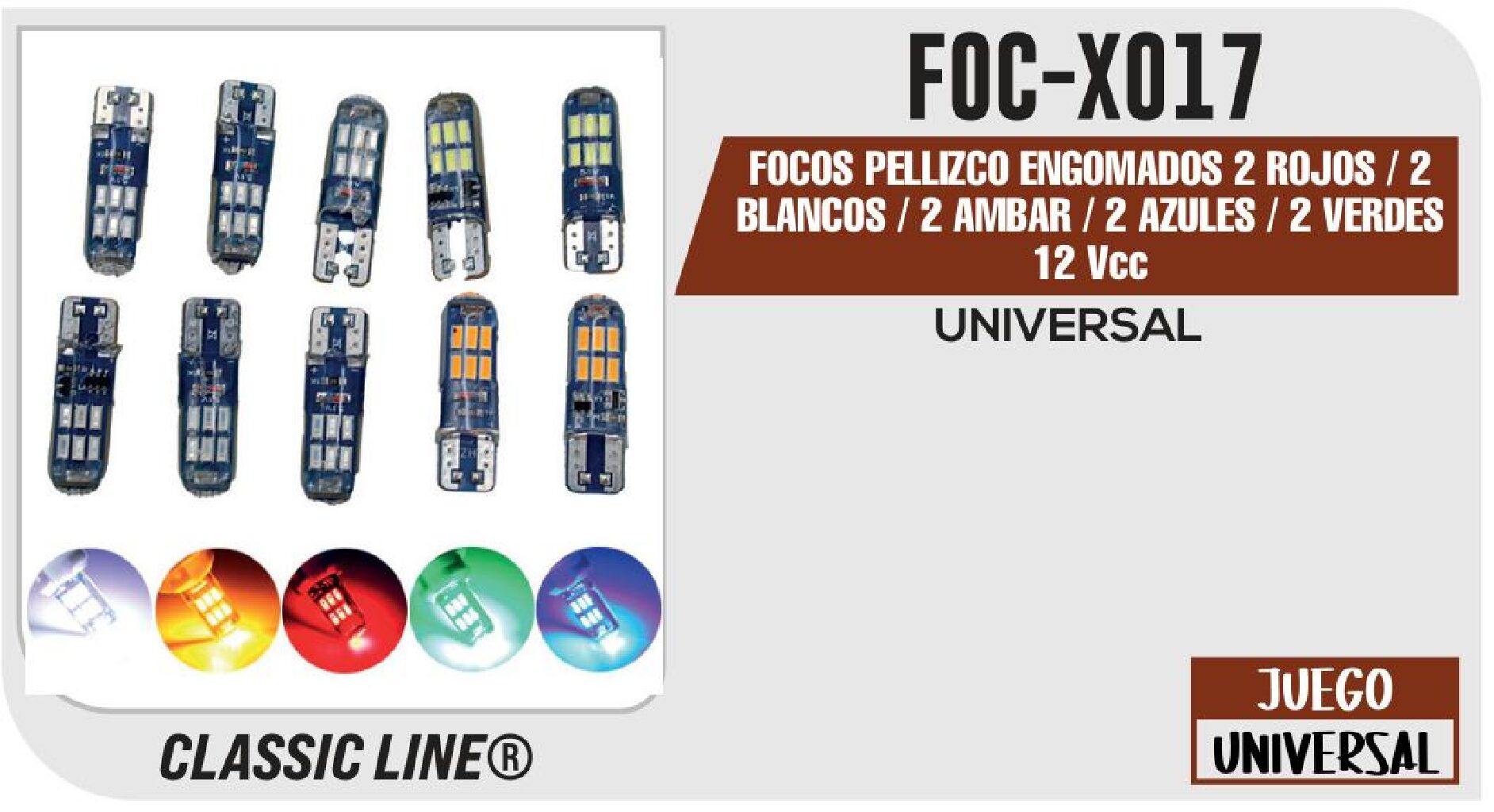 FOCOS PELLIZCO ENGOMADOS 2 ROJOS / 2 BLANCOS / 2 AMBAR / 2 AZULES / 2 VERDES 12 VCC / FOC-X017