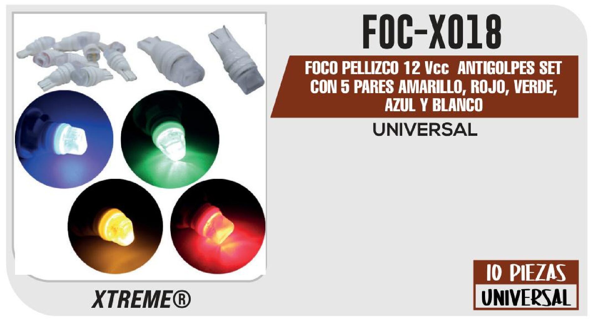 "FOCO PELLIZCO 12 VCC ANTIGOLPES SET CON 5 PARES AMARILLO, ROJO, VERDE, AZUL Y BLANCO" / FOC-X018