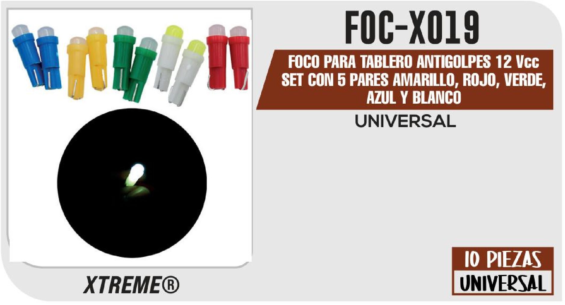 "FOCO PARA TABLERO ANTIGOLPES 12 VCC SET CON 5 PARES AMARILLO, ROJO, VERDE, AZUL Y BLANCO" / FOC-X019