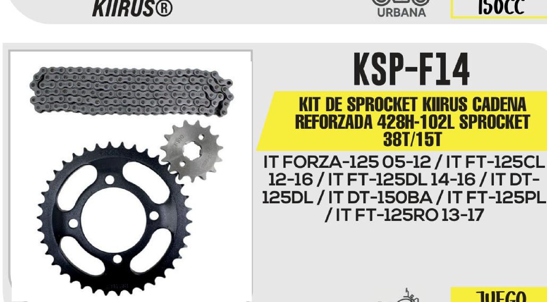 KIT DE SPROCKET KIIRUS CADENA REFORZADA 428H-102L SPROCKET 38T/15T / KSP-F14