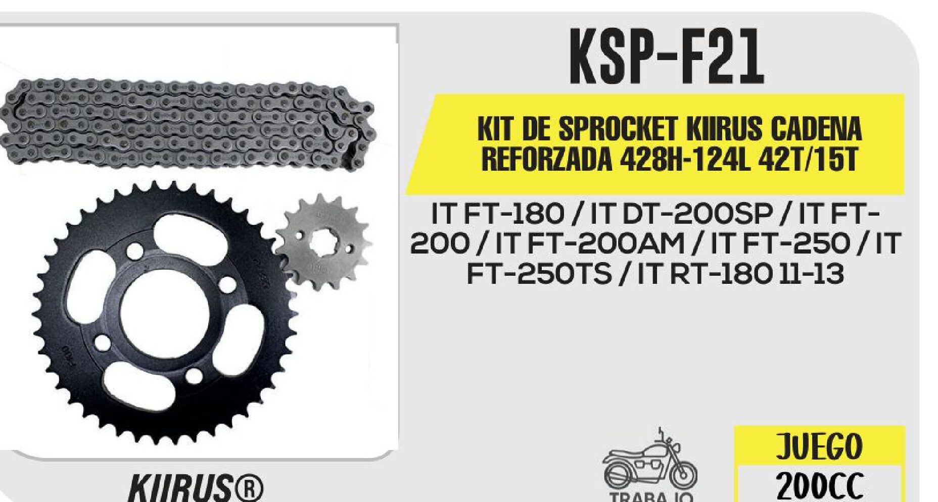 KIT DE SPROCKET KIIRUS CADENA REFORZADA 428H-124L SPROCKET 42T/15T / KSP-F21