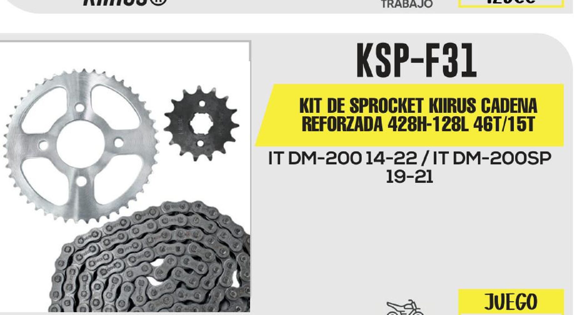 KIT DE SPROCKET KIIRUS CADENA REFORZADA 428H-128L SPROCKET 46T/15T / KSP-F31