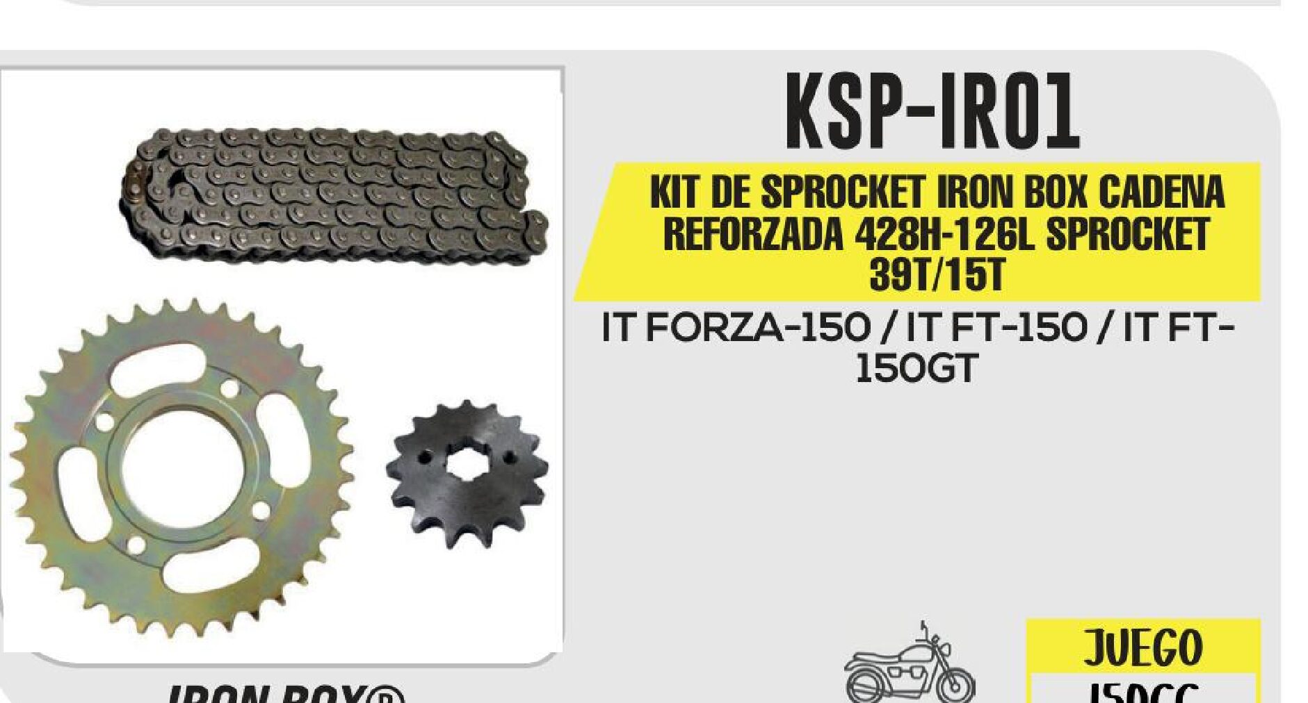 KIT DE SPROCKET IRON BOX CADENA REFORZADA 428H-126L SPROCKET 39T/15T / KSP-IR01