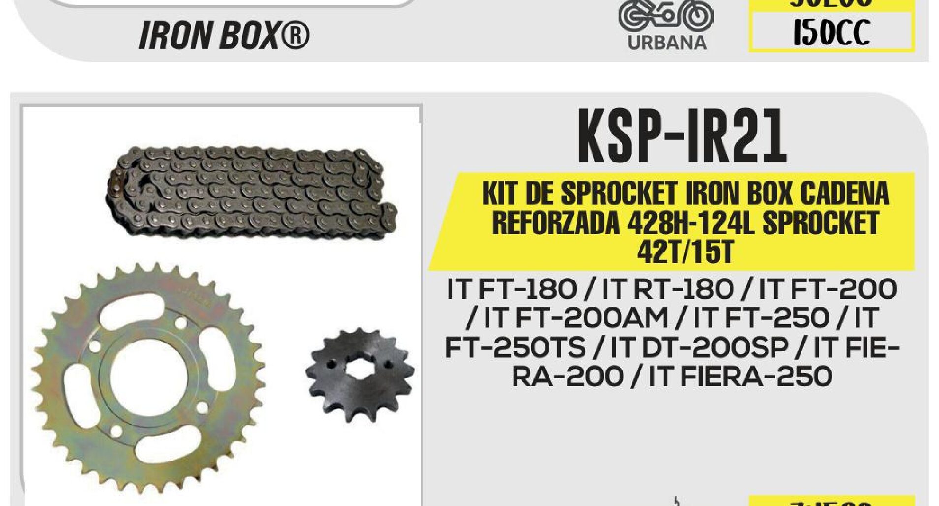 KIT DE SPROCKET IRON BOX CADENA REFORZADA 428H-124L SPROCKET 42T/15T / KSP-IR21