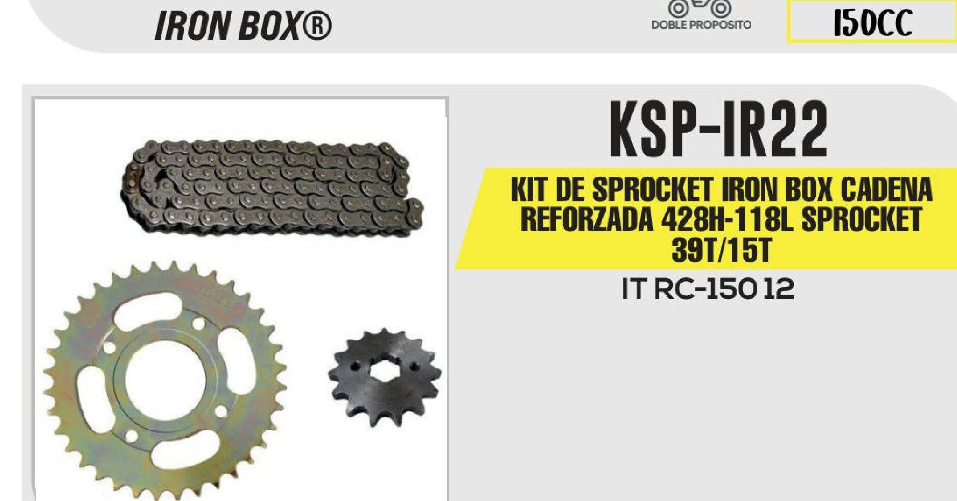 KIT DE SPROCKET IRON BOX CADENA REFORZADA 428H-118L SPROCKET 39T/15T / KSP-IR22