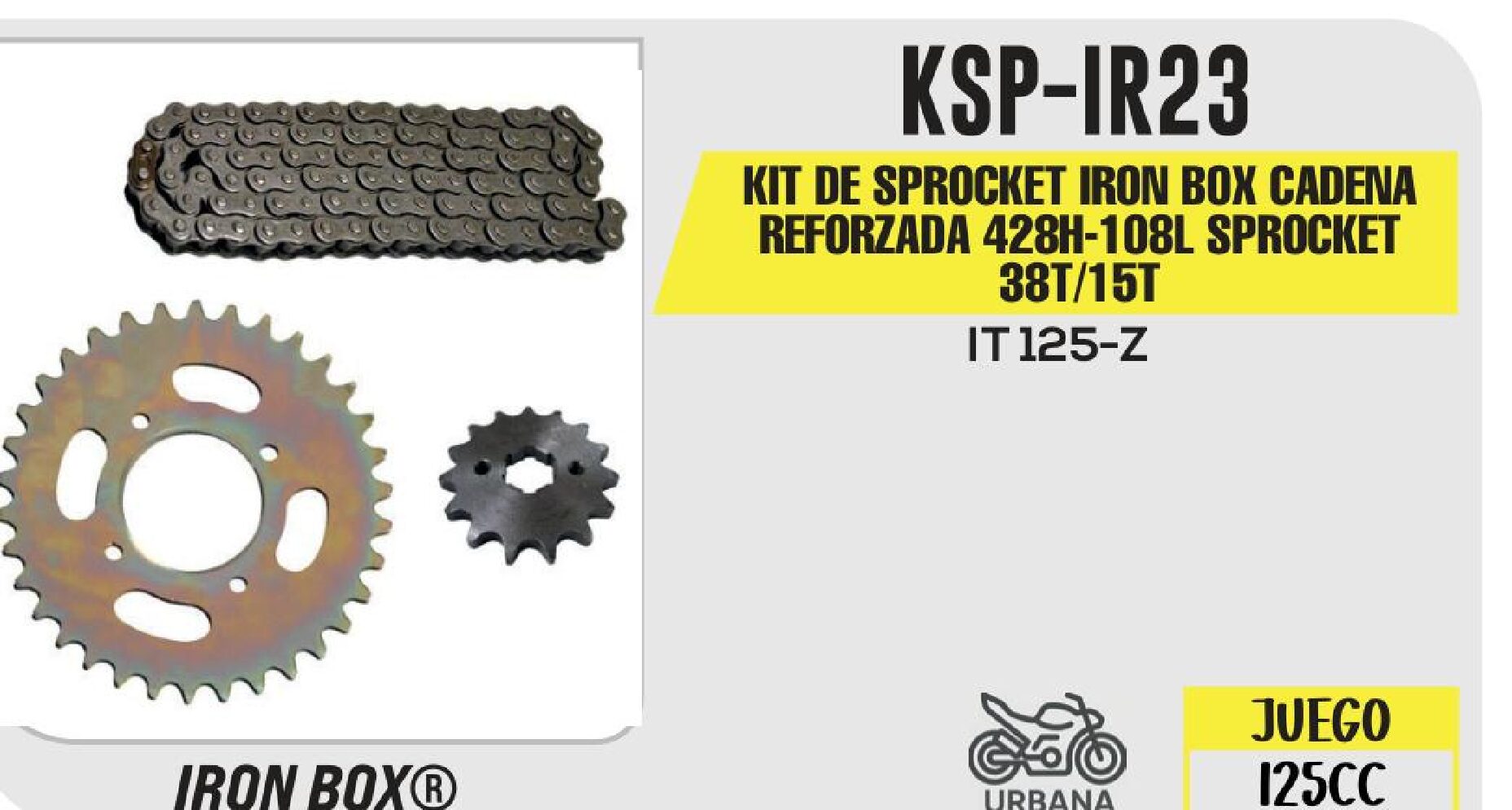 KIT DE SPROCKET IRON BOX CADENA REFORZADA 428H-108L SPROCKET 38T/15T / KSP-IR23