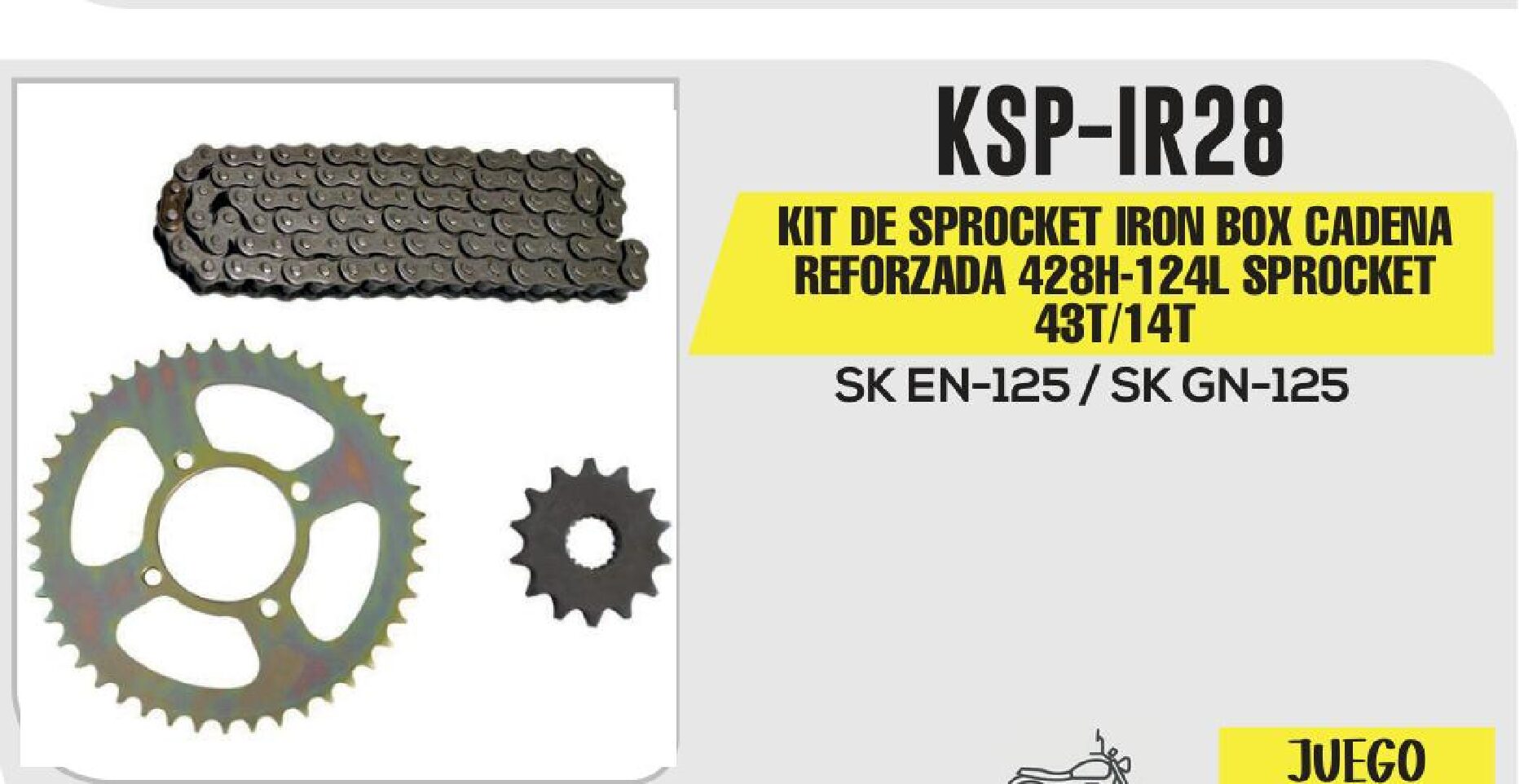 KIT DE SPROCKET IRON BOX (CADENA REFORZADA) SPROCKET DE 43T- PIÑON DE 14T 428H-124L / KSP-IR28