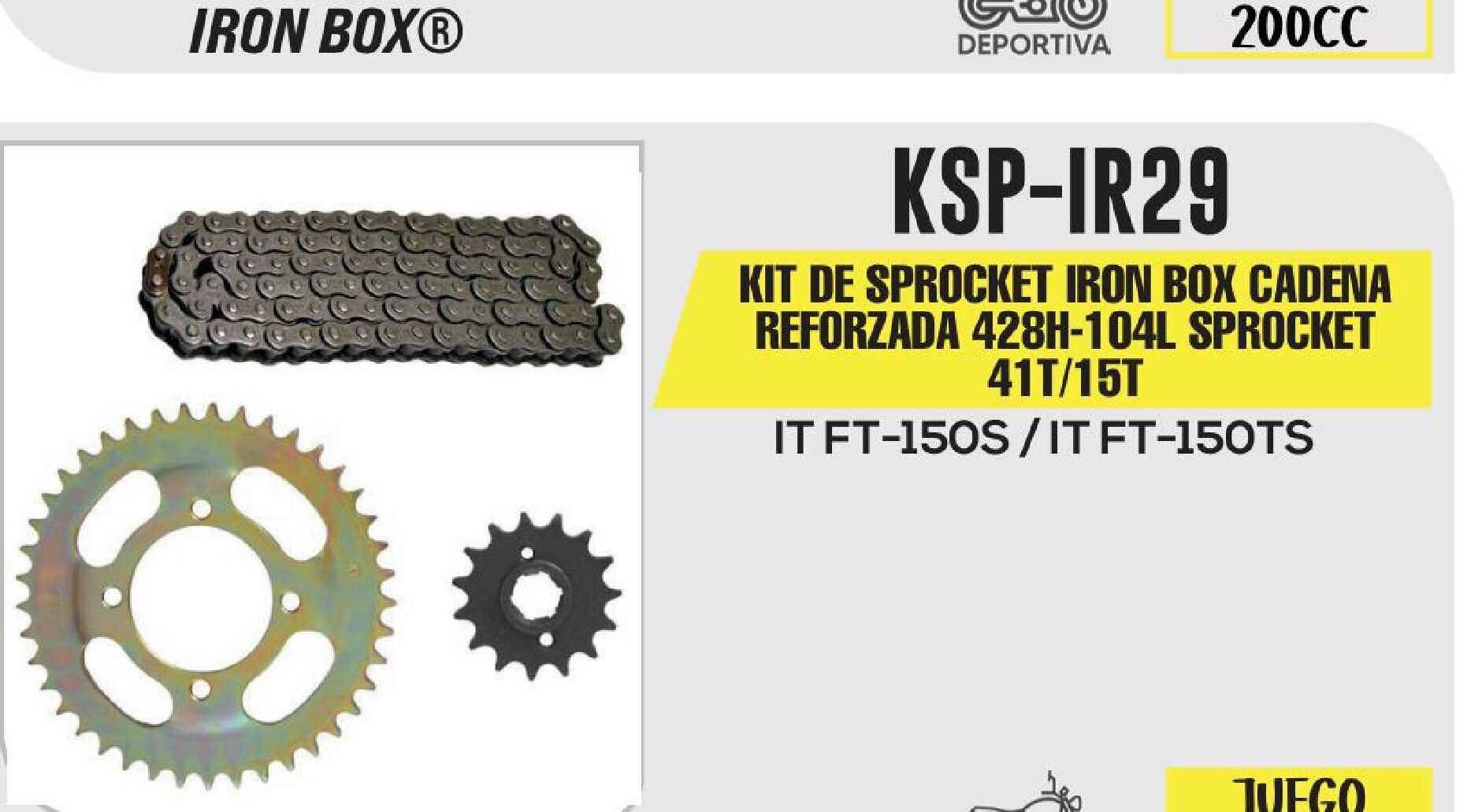 KIT DE SPROCKET IRON BOX CADENA REFORZADA 428H-104L SPROCKET 41T/15T / KSP-IR29