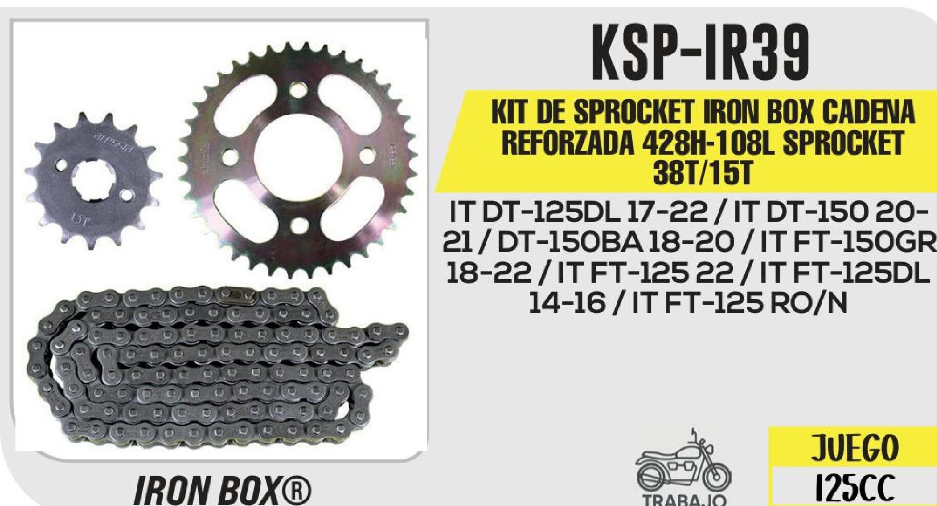 KIT DE SPROCKET IRON BOX CADENA REFORZADA 428H-108L SPROCKET 38T/15T / KSP-IR39