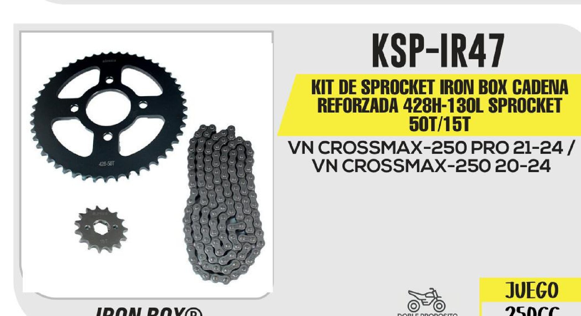 KIT DE SPROCKET IRON BOX CADENA REFORZADA 428H-130L SPROCKET 50T/15T / KSP-IR47