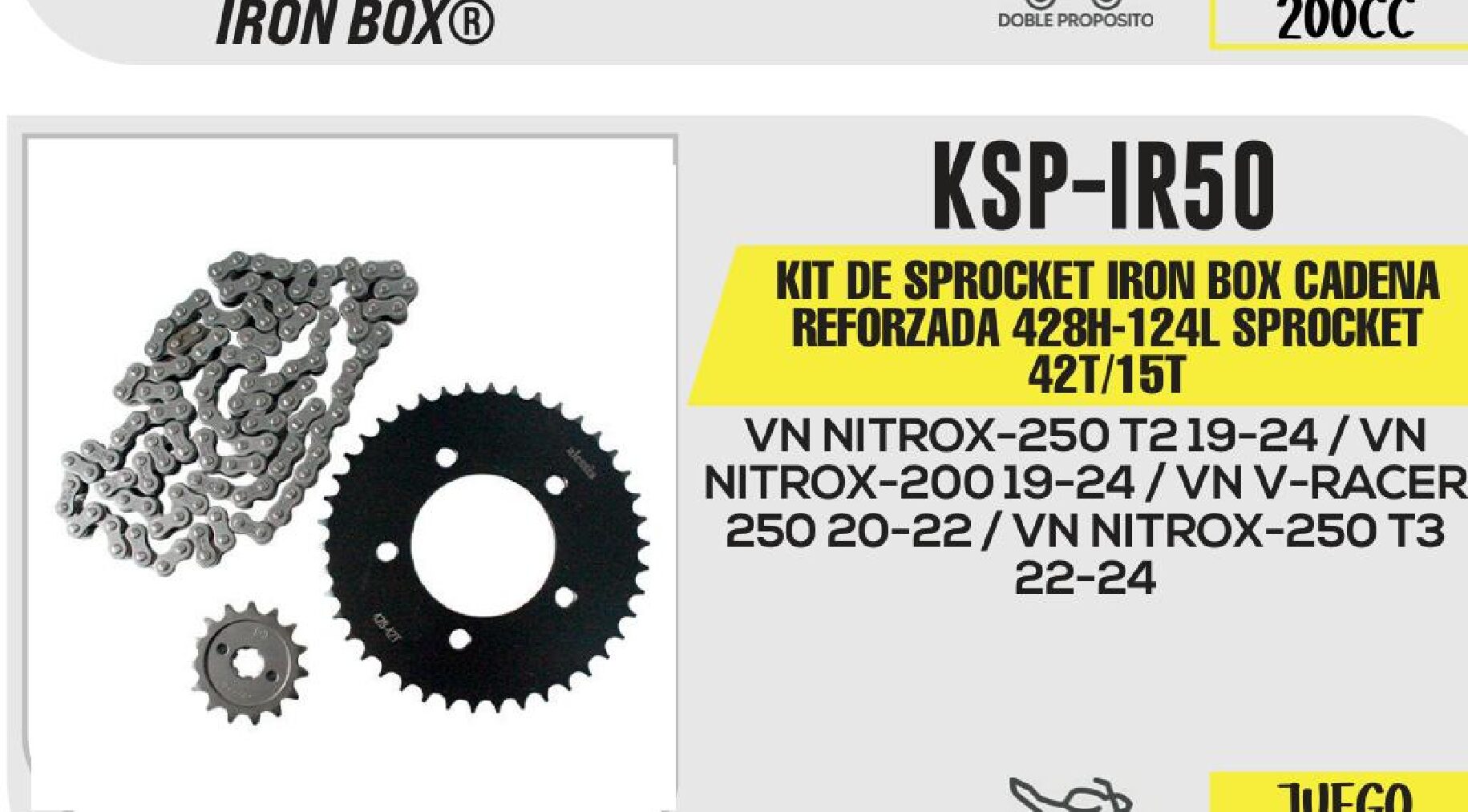 KIT DE SPROCKET IRON BOX CADENA REFORZADA 428H-124L SPROCKET 42T/15T / KSP-IR50