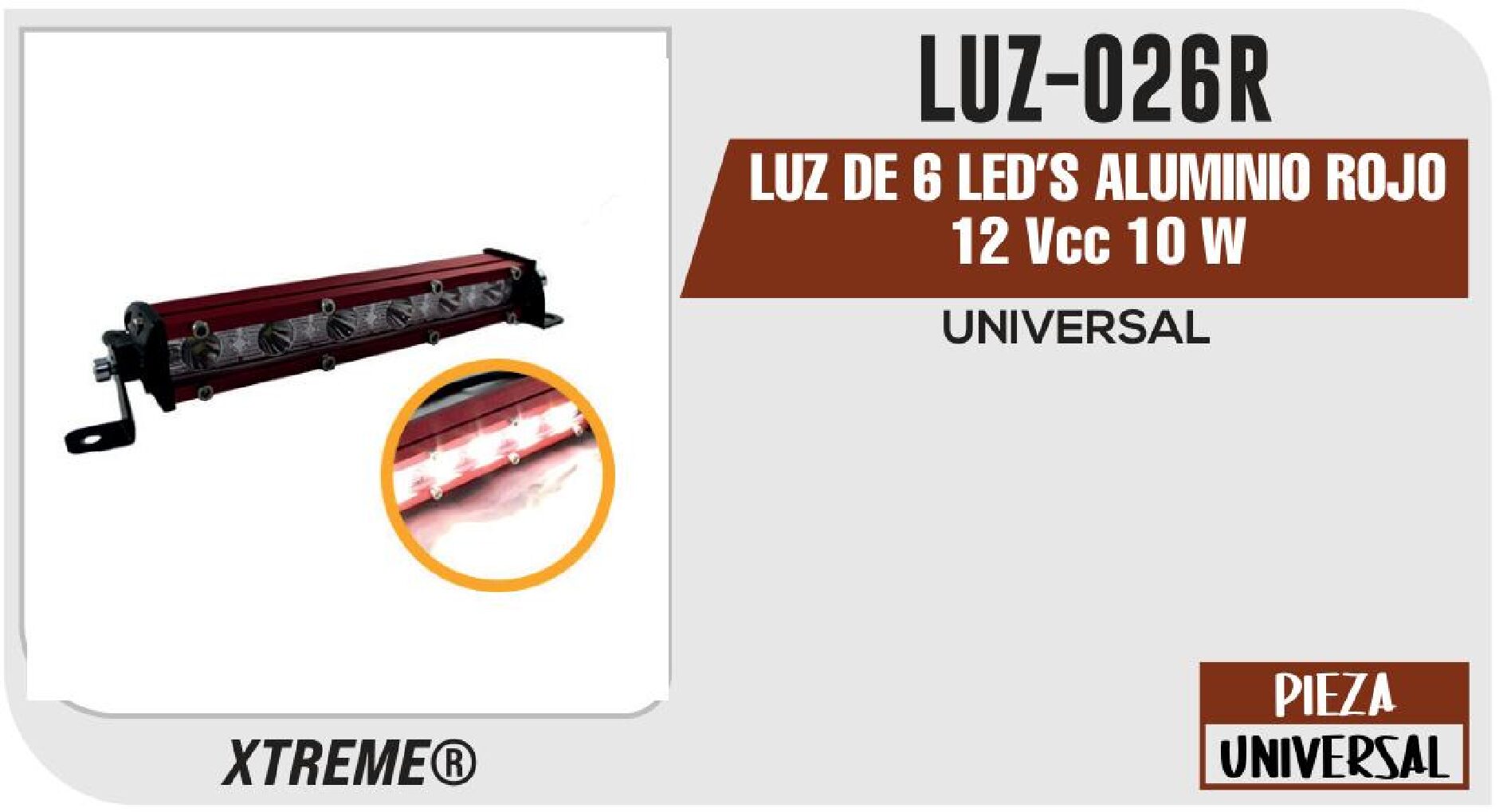 LUZ DE 6 LED'S ALUMINIO ROJO 12 VCC 10 W / LUZ-026R