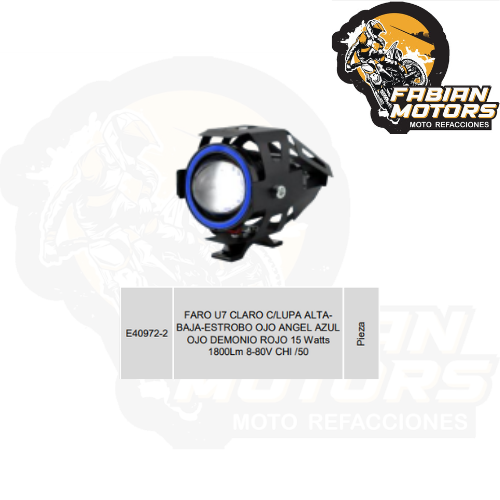 FARO U7 CLARO C/LUPA ALTA-BAJA-ESTROBO OJO ANGEL AZUL OJO DEMONIO ROJO 15 Watts 1800Lm 8-80V CHI /50