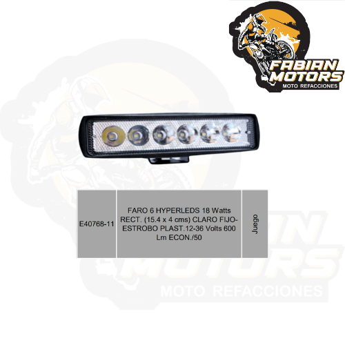 FARO 6 HYPERLEDS 18 Watts RECT. (15.4 x 4 cms) CLARO FIJO- ESTROBO PLAST.12-36 Volts 600 Lm ECON./50