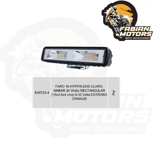 FARO 16 HYPERLEDS CLARO-AMBAR 20 Watts RECTANGULAR (15x3.5x4 cms) 9-32 Volts ESTROBO CHINA/25