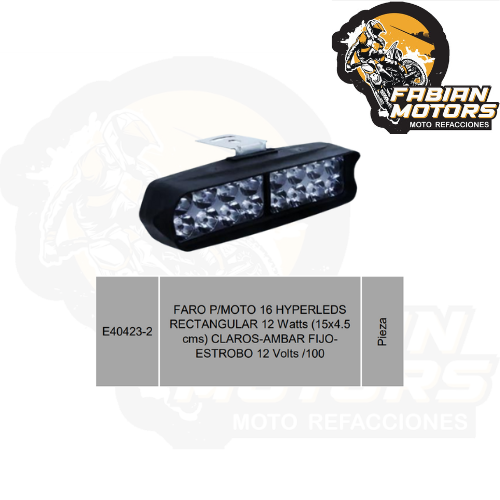 FARO P/MOTO 16 HYPERLEDS RECTANGULAR 12 Watts (15x4.5 cms) CLAROS-AMBAR FIJO-ESTROBO 12 Volts /100