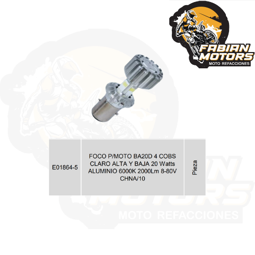 FOCO P/MOTO BA20D 4 COBS CLARO ALTA Y BAJA 20 Watts ALUMINIO 6000K 2000Lm 8-80V CHNA/10