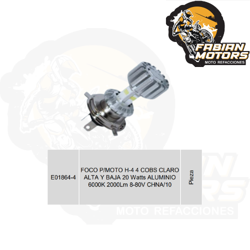 FOCO P/MOTO H-4 4 COBS CLARO ALTA Y BAJA 20 Watts ALUMINIO 6000K 2000Lm 8-80V CHNA/10
