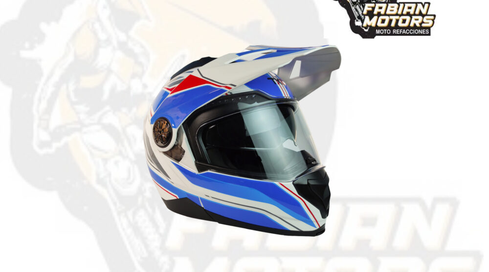 CASCO TECHX2 TX-909 CROSS/STREET ABATIBLE BLANCO/AZUL/ROJO Y LENTE INTERNO TALLA: EG NORMA EUROPEA ECER22-05 Y NORMA AMERICANA DOT