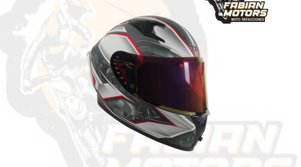 CASCO TECHX2 (TX2) MUFFER GRIS/BLANCO/ROJO CERRADO CON LENTE INTERNO, MICA ROJA Y ESPOILER  Z501 TALLA: EG NORMA EUROPEA ECER22-06 (DE 1 A 5 PIEZAS)
