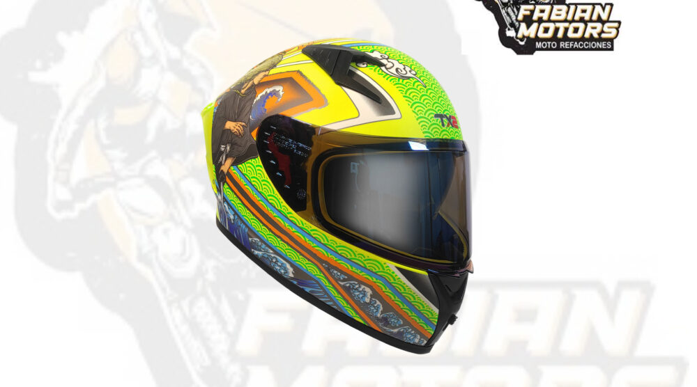 CASCO TECHX2 (TX2) TADASHI VERDE/AMARILLO CERRADO CON LENTE INTERNO, MICA AZUL Y ESPOILER Z501 TALLA: G NORMA EUROPEA ECER22-06 (DE 1 A 5 PIEZAS)