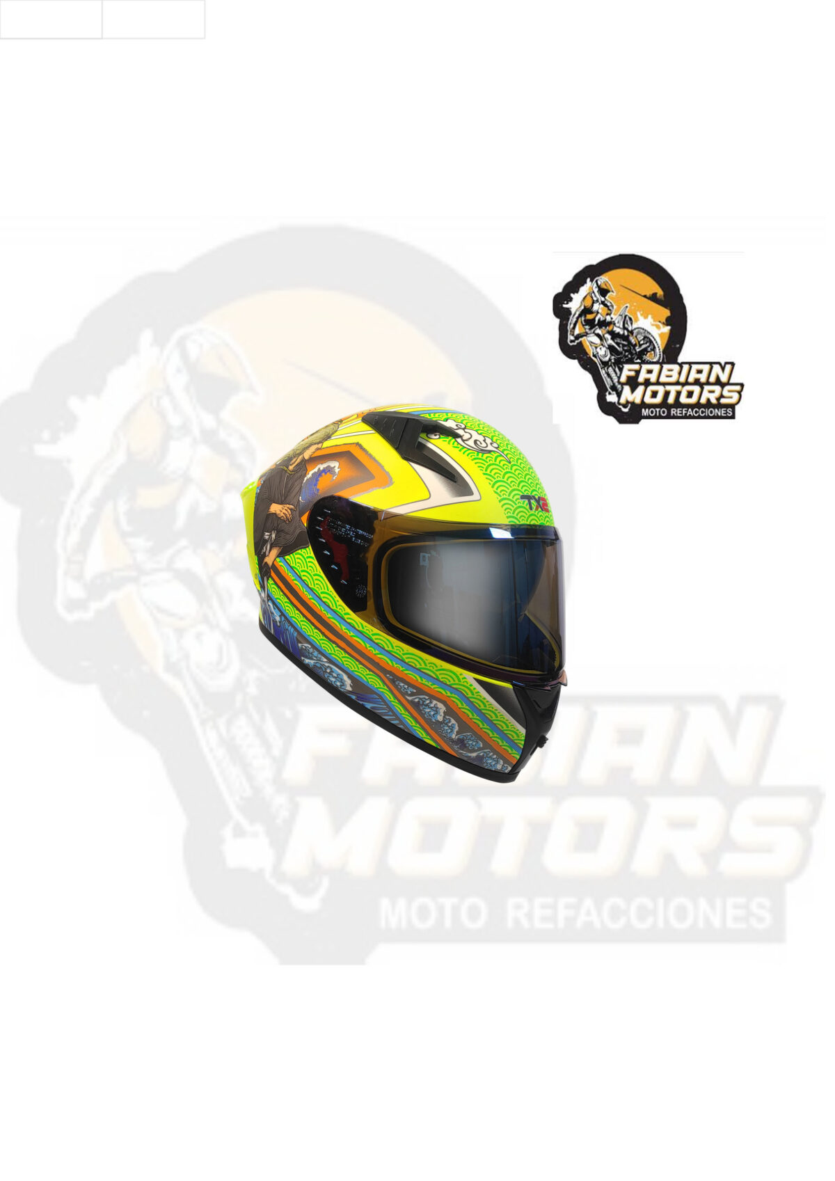 CASCO TECHX2 (TX2) TADASHI VERDE/AMARILLO CERRADO CON LENTE INTERNO, MICA AZUL Y ESPOILER Z501 TALLA: EG NORMA EUROPEA ECER22-06 (DE 1 A 5 PIEZAS)