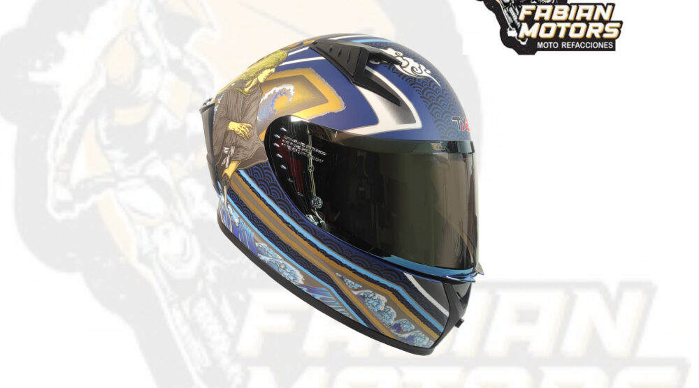 CASCO TECHX2 (TX2) TADASHI DORADO/AZUL CERRADO CON LENTE INTERNO, MICA DORADA Y ESPOILER Z501 TALLA: M NORMA EUROPEA ECER22-06 (DE 1 A 5 PIEZAS)