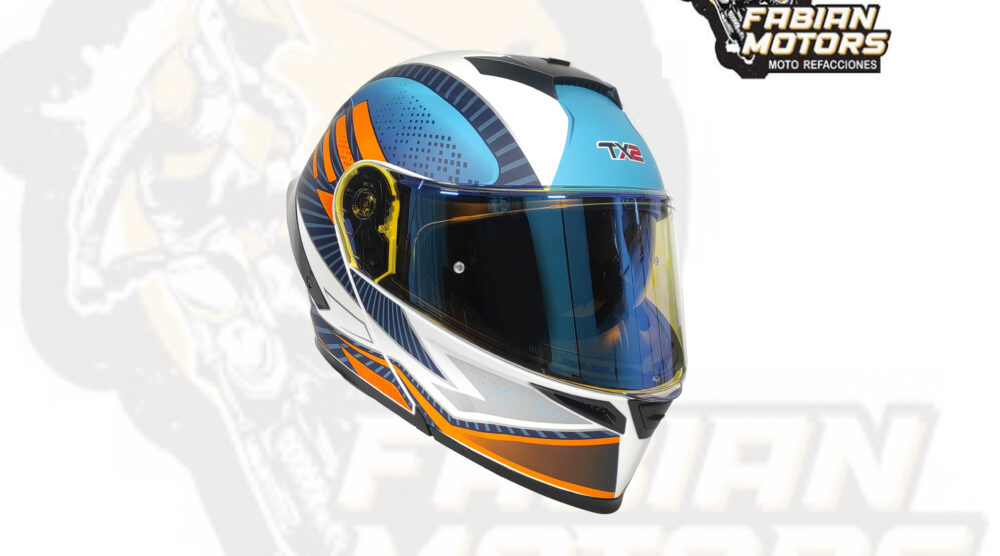 CASCO TECHX2 ABATIBLE WS202 AZUL/BLANCO/NARANJA MATE CON LENTE INTERNO Y MICA TORNASOL TALLA: EEG (PRECIO POR PIEZA) (DE 1 A 5 PIEZAS) NORMA EUROPEA ECER22-06 Y NORMA AMERICANA DOT