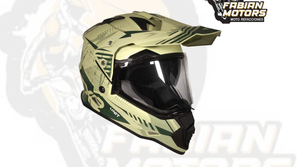 CASCO TECHX2 632A CROSS/STREET CON MICA HUMO CLARO Y LENTE INTERNO UNIT JUNGLE VERDE MATE TALLA: M (PRECIO POR PIEZA) (DE 1 A 5 PIEZAS) NORMA EUROPEA ECER22-06