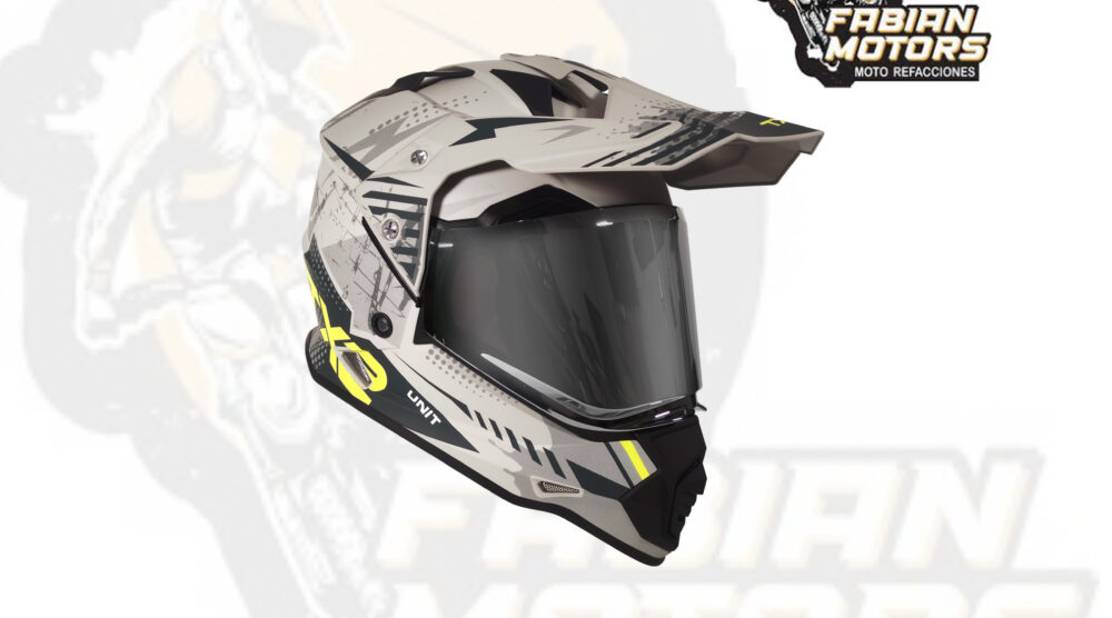 CASCO TECHX2 632A CROSS/STREET CON MICA PLATA Y LENTE INTERNO TUNDRA GRIS/FLUORESCENTE MATE TALLA: G (PRECIO POR PIEZA) (DE 1 A 5 PIEZAS) NORMA EUROPEA ECER22-06