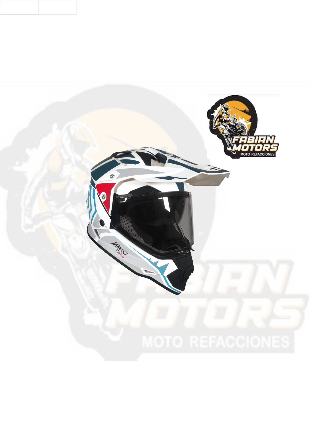 CASCO TECHX2 632A CROSS/STREET CON MICA HUMO CLARO Y LENTE INTERNO MAKO WHITE CELL BLANCO/AZUL/GRIS/ROJO MATE  TALLA: M (PRECIO POR PIEZA) (DE 1 A 5 PIEZAS) NORMA EUROPEA ECER22-06