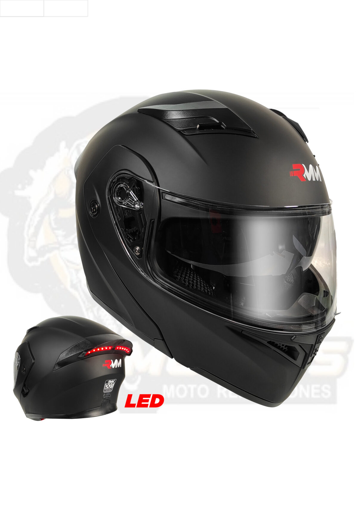 CASCO RMM 169 ABATIBLE NEGRO MATE CON LENTE INTERNO Y LUZ LED  TALLA: EG (PRECIO POR PIEZA) (DE 1 A 5 PIEZAS) NORMA AMERICANA DOT