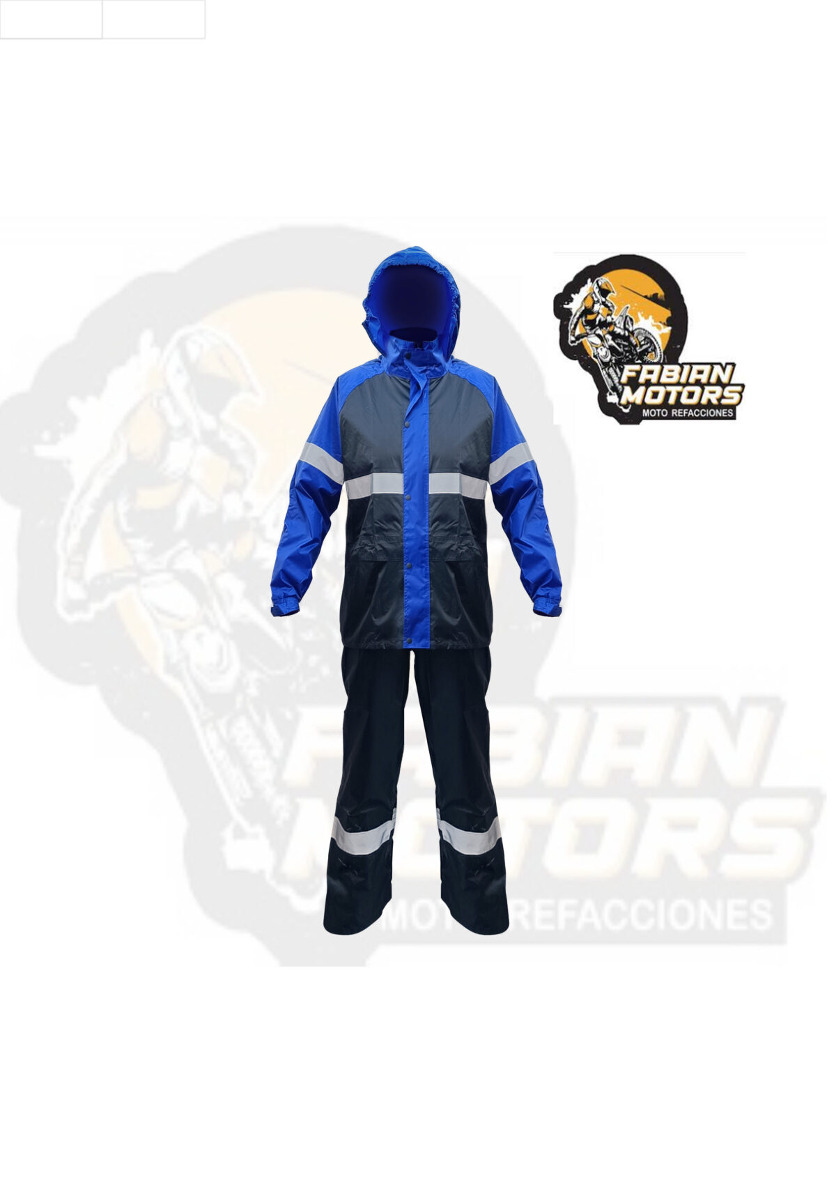 IMPERMEABLE IMPORTADO RMTECH GRIS/AZUL C/ REFLEJANTE EN AMBAS PIERNAS, ESPALDA Y MANGAS  TALLA: EG