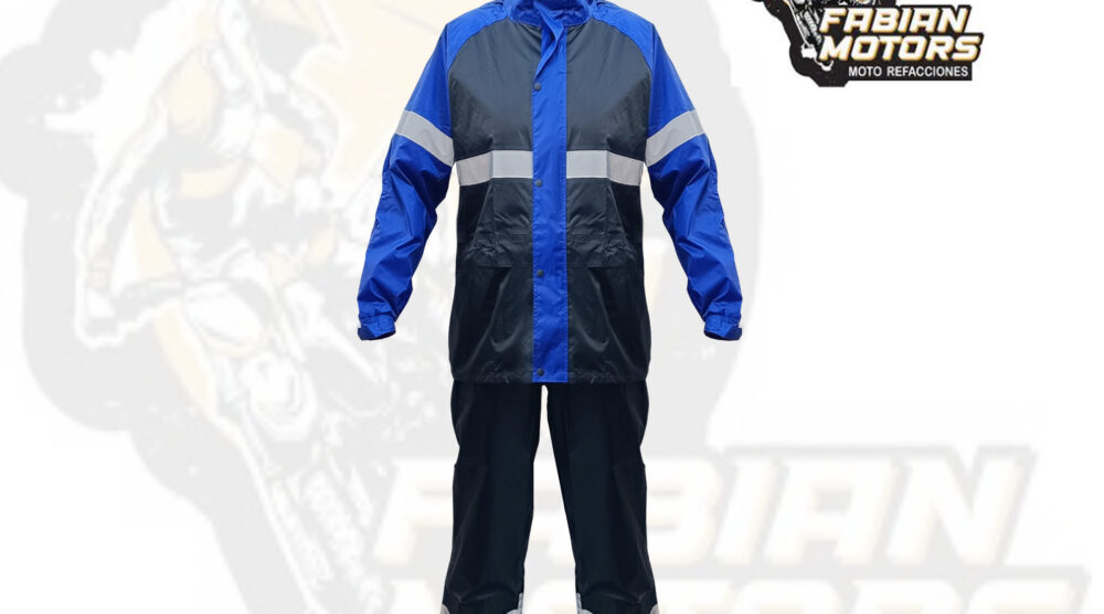 IMPERMEABLE IMPORTADO RMTECH GRIS/AZUL C/ REFLEJANTE EN AMBAS PIERNAS, ESPALDA Y MANGAS  TALLA: 2 EG